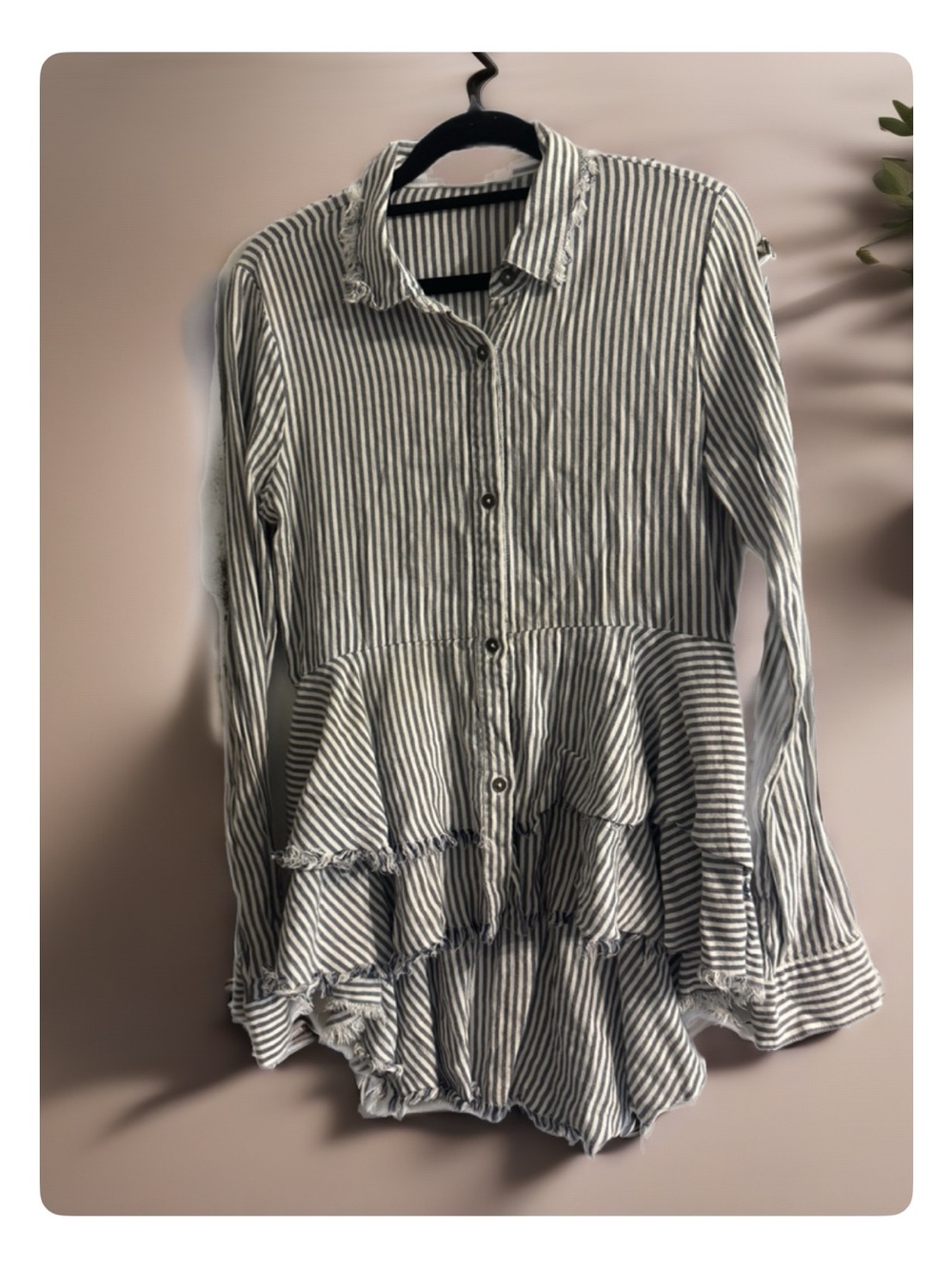 True Craft Black & White Striped Ruffle Button-Down Top